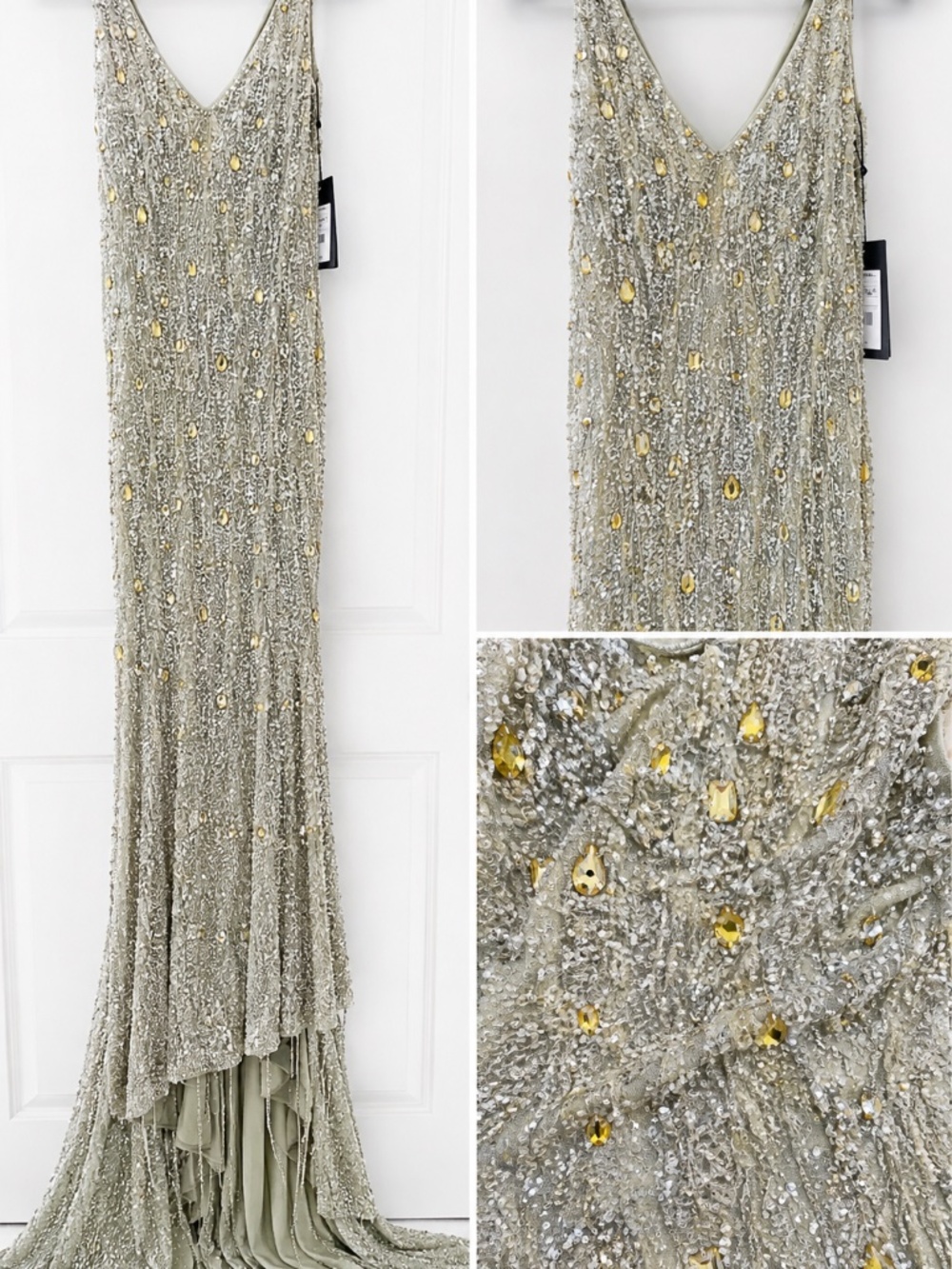 Pronovias NEIMO Sea Fog Grey Beaded Evening Gown Size 6 NWT
